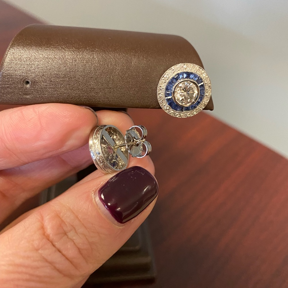 Vintage Platinum 2.70ctw Diamond & Sapphire Halo Earrings - Picture 8 of 10